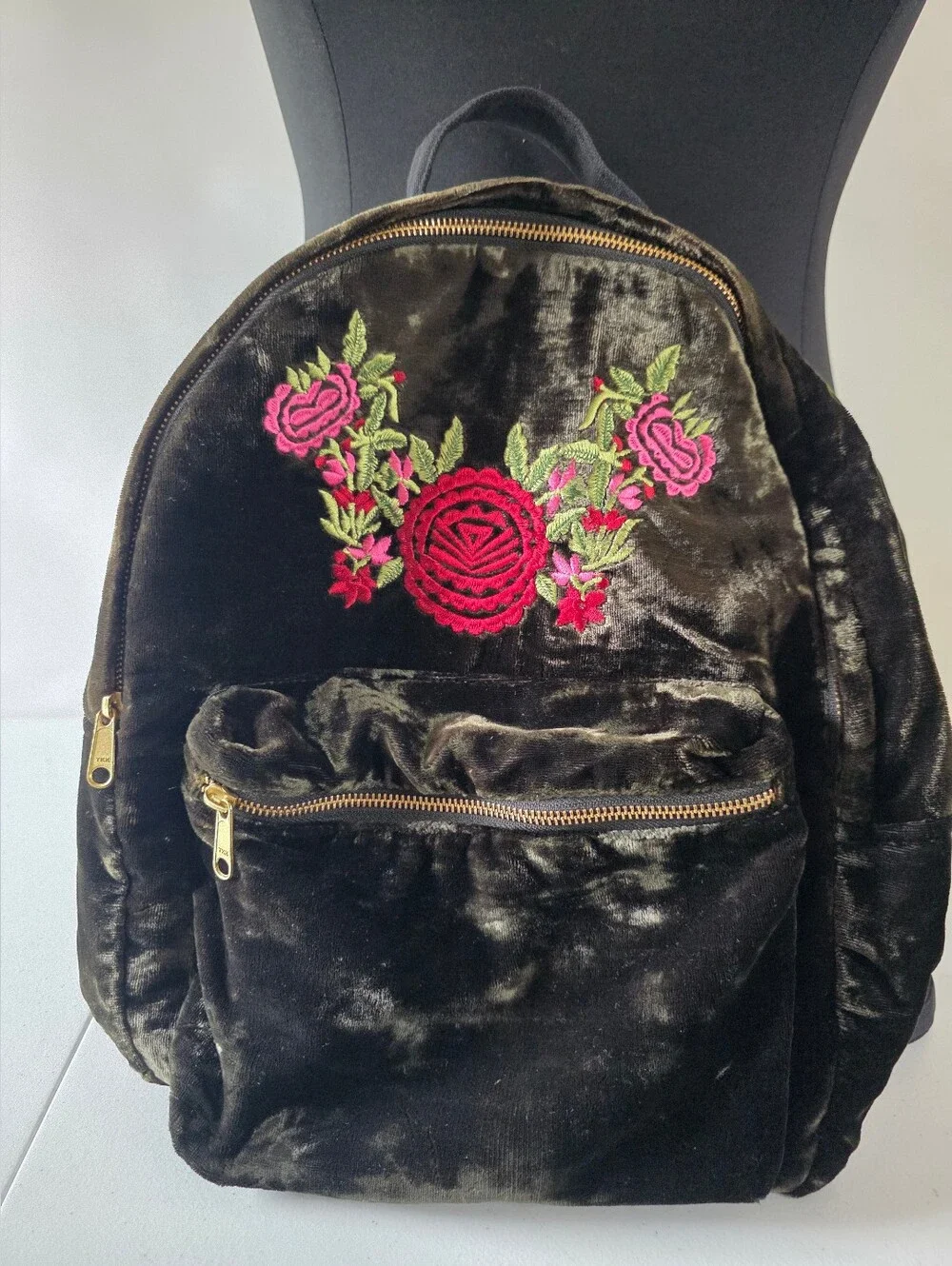 World Market Velvet Backpack Floral Embroidery Zip Pockets Plush Wearable Art